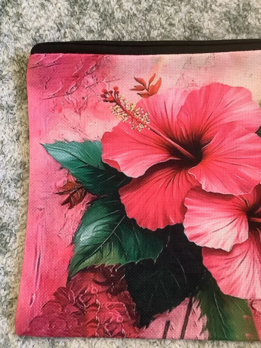 Hot Pink Tropical Floral Cosmetic Bag Canvas Pouch with Hibiscus Print NWT 10x7.